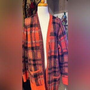 Lucky Brand Sweater Womens orange Plaid Cardigan Long Sleeve Wool Blend XL